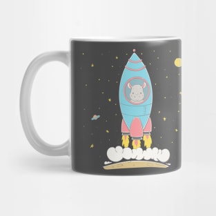 Lovely cute rhino rises in the rocket in the space Mug